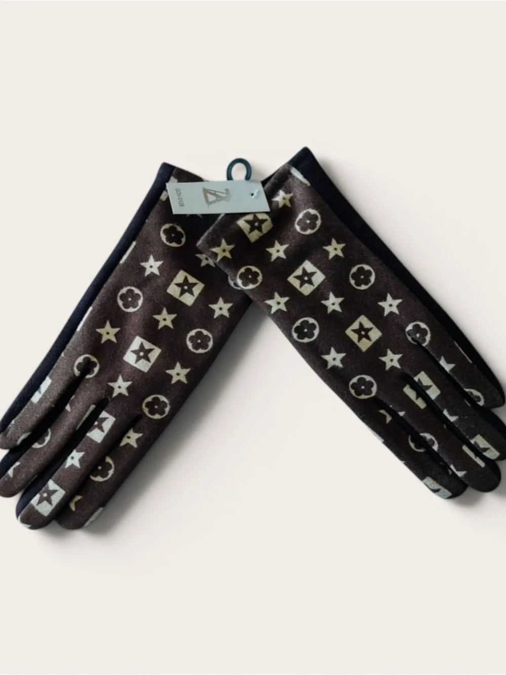 New Women’s M/L Brown Monogram Print Stretch Gloves Soft Touch Winter Fall